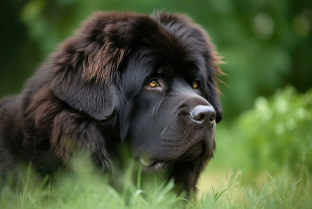 A captivating portrait of a magnificent black Newfoundland dog, peacefully resting in a vibrant green meadow. Its expressive eyes add to the scene's tranquility.の写真素材