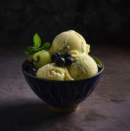 A delightful bowl of creamy ice cream topped with fresh kiwi and blueberries. Perfect summer treat!