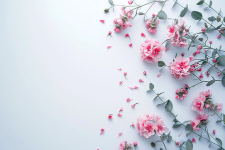 A white background with pink flowers arranged in a beautiful display.の写真素材