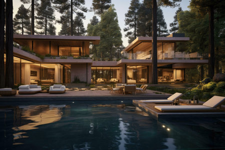 Stunning modern home nestled in a lush forest, featuring a sleek pool and outdoor seating area....