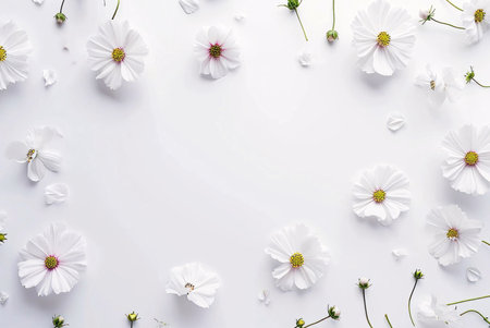 White flowers arranged in a frame around a white background.の写真素材