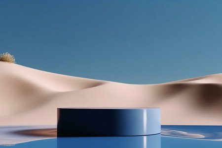 A tranquil scene of a minimalist blue platform sitting in a serene desert landscape. The calm waters reflect the sky.の写真素材