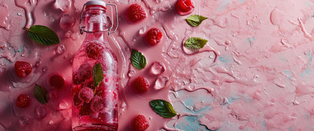 A close-up shot of a glass bottle filled with a pink raspberry drink surrounded by ice and mint leaves on a pink background.の写真素材