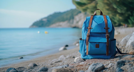A blue backpack sits on a rocky beach with the sea and sky in the background, suggesting a journey of adventure and exploration.の写真素材