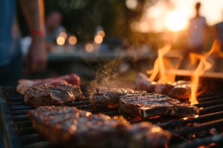 Close-up of juicy steaks grilling on a barbecue at sunset. Warm golden light and summer vibes.の写真素材