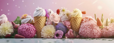 A vibrant arrangement of ice cream cones and flowers, capturing the essence of summer and sweetness....
