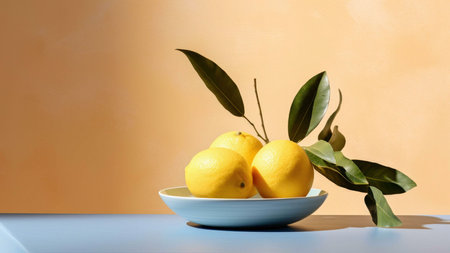 Three ripe lemons with vibrant green leaves in a light blue bowl. A still life image with a sunny moodの写真素材