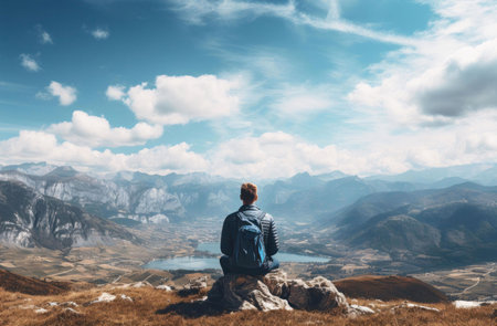 A lone hiker sits atop a mountain, gazing at a breathtaking panoramic view of a valley and lake...