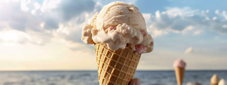 A delectable ice cream cone against a bright ocean backdrop. Perfect summer treat!