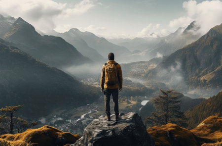 A lone hiker stands on a mountain peak, overlooking a breathtaking valley vista. The scene is serene...