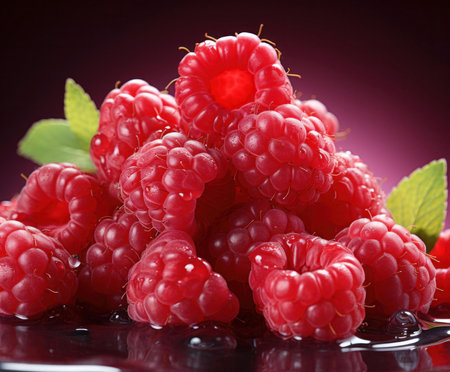 A vibrant close-up of glistening raspberries. Their intense red color and juicy texture make them irresistible.の写真素材