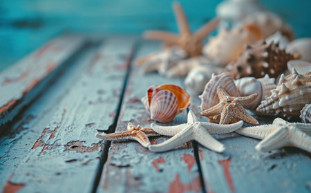 Close-up view of various seashells and starfish arranged on a weathered, rustic wooden plank. Evokes...