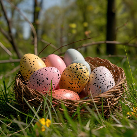 A close-up of colorful Easter eggs in a wicker nest, surrounded by lush green grass.
