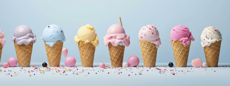 Row of pastel ice cream cones with sprinkles and candy. Summer treat!