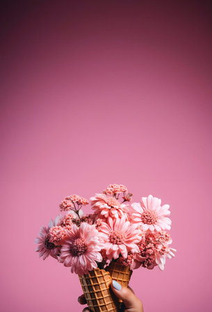 A beautiful bouquet of pink flowers arranged in two waffle cones against a pink background.