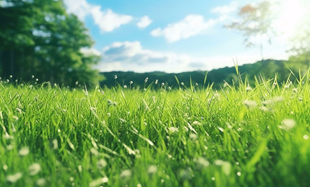 A picturesque view of a lush green meadow bathed in sunlight, with a backdrop of trees and hills...