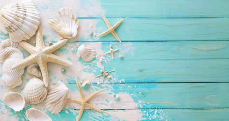 Seashells, starfish, and pearls arranged on a turquoise wooden background. Summer vacation theme.