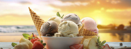 A delightful array of ice cream flavors, with a waffle cone, on a wooden table, against a backdrop...
