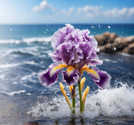 A vibrant purple iris flower blooms in the ocean spray. The flower is the subject of this macro shot, showing its delicate petals and the soft blue water in the backgroundの写真素材