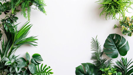 Frame of various tropical green leaves on a white background. Perfect for design or background.の写真素材