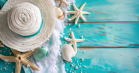 Summer vacation concept with seashells, starfish, and a hat on a turquoise wooden background.の写真素材