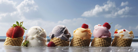 Six scoops of delightful ice cream in crispy cones, positioned on the beach. The perfect summer...