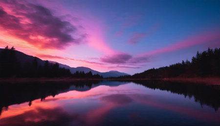 A breathtaking sunset over a still mountain lake, with the reflection of the colorful clouds in the water.の写真素材