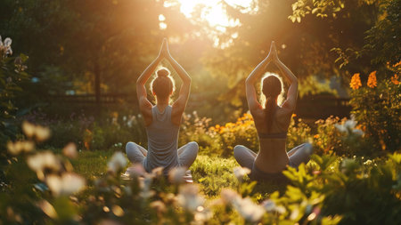 Two women practicing yoga at sunset in a beautiful garden. A scene of serenity and inner peace.の写真素材
