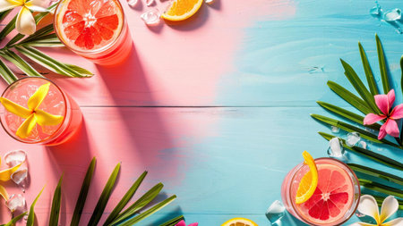 Close-up of refreshing summer cocktails with fruits and flowers on a wooden surface. The drinks are perfect for a tropical vacation or a fun party.の写真素材