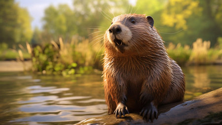 A wet beaver sitting on a log near a river, looking up into the distance with a curious expressionの写真素材