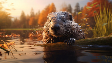 A wet beaver rests on a log in a serene autumnal lake, bathed in the golden light of sunset.