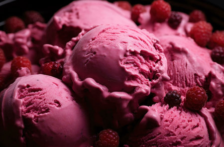 Close-up shot of pink raspberry ice cream, showing its texture and fresh raspberries.