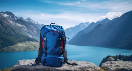 A blue backpack sits on a rock overlooking a stunning mountain lake. Perfect for travel and...