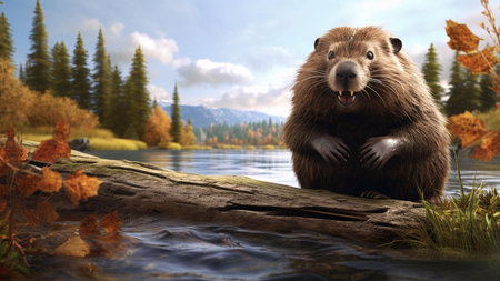 A friendly beaver sits on a log by a serene autumnal lake. Mountains and colorful foliage create a...