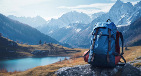 A blue backpack sits on a rock in front of a mountain lake with a breathtaking mountain range...