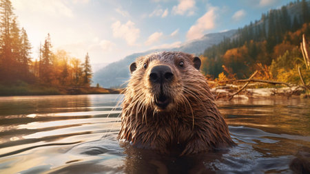 A close-up portrait of a beaver swimming in a lake. The beaver is looking directly at the camera with its mouth open, as if it is about to speak.の写真素材