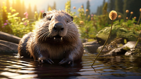 A close-up shot of a beaver in a tranquil natural setting. Sunlight bathes the scene, enhancing its...