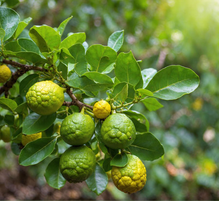Close-up view of several ripe kaffir limes on a branch. The image captures the vibrant green color and textured skin of the fruits.の写真素材