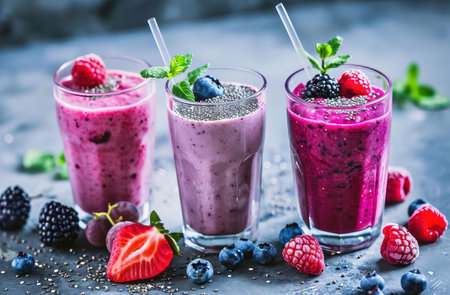 Three tempting berry smoothies, bursting with flavor and topped with fresh berries and chia seeds. A...