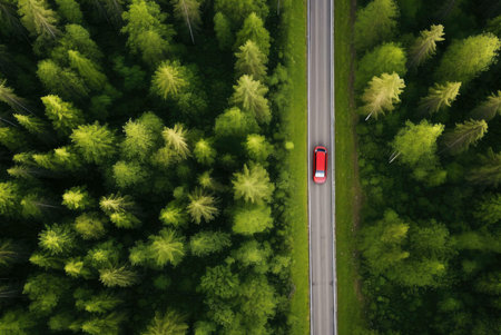 An aerial view of a red car driving on a paved road surrounded by lush green trees in a forestの写真素材
