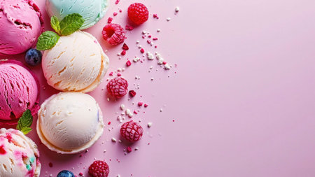Close-up of assorted ice cream scoops, garnished with raspberries and mint leaves, on a pink...