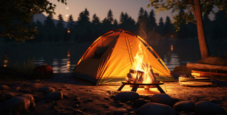 A cozy campsite by a lake at night. A warm fire glows beside a tent under starry sky.