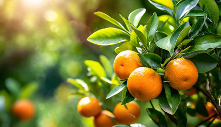 A picture of ripe oranges on a tree branch, sunlit and surrounded by vibrant green leaves. The scene depicts a healthy, flourishing orchard.の写真素材
