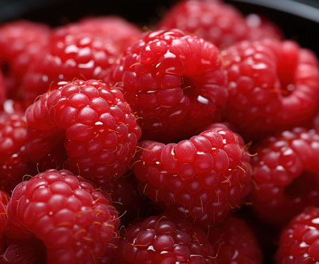 Close-up view of many plump, red raspberries. A delicious and healthy treat.