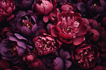Close-up view of many deep burgundy and purple peonies, creating a luxurious floral display.の写真素材