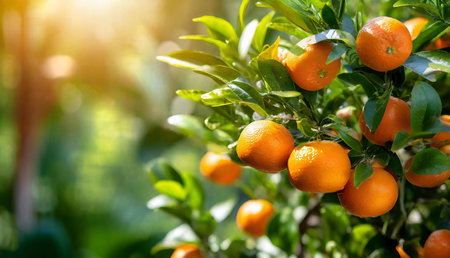 Close-up of a vibrant orange tree laden with ripe, juicy oranges bathed in sunlight.の写真素材