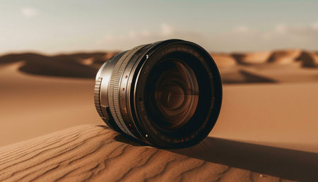 A camera lens rests on a desert dune, capturing the vastness of the landscape. The warm light...