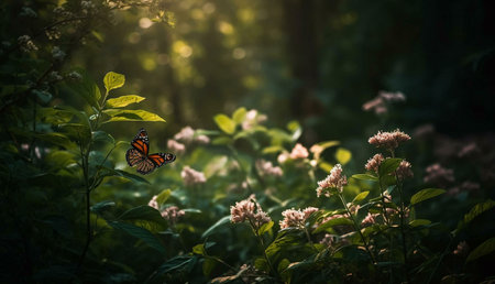 A monarch butterfly in a forest bathed in sunlight, delicate flowers and greenery. Peaceful sceneの写真素材