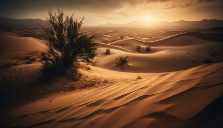 A stunning sunset over rolling sand dunes, casting a warm golden glow. A lone shrub stands resilient against the immense desert landscape.の写真素材