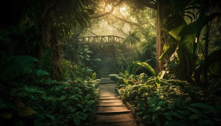 A mystical jungle path leads to a wooden bridge, bathed in sunlight filtering through the dense foliage. Peaceful and serene.の写真素材